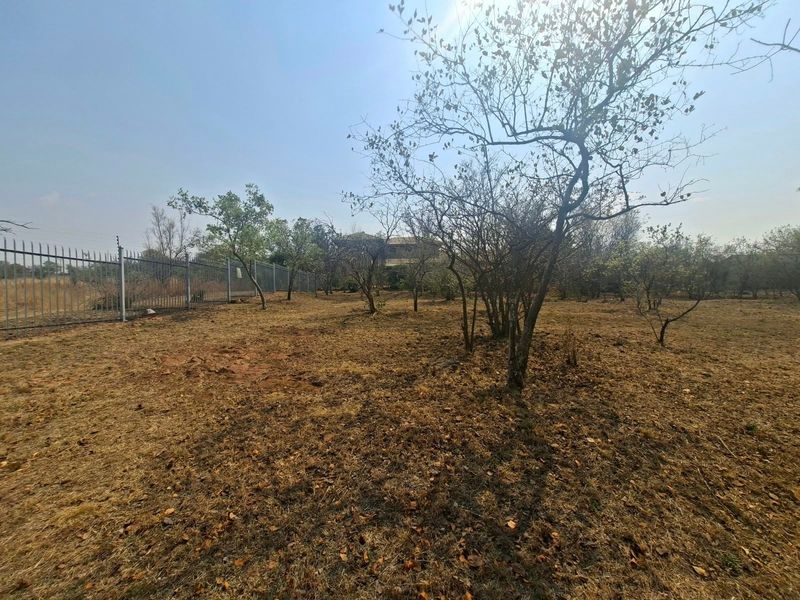 A view of a vacant residential plot featuring mature trees and secure metal perimeter fencing.