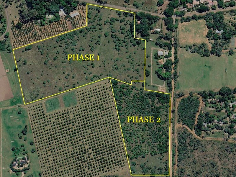 Aerial view of a large residential land parcel divided into two phases, featuring natural vegetation and tree cover.