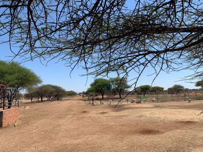 Expansive farm land featuring open grazing areas, wire fencing, and a water tank structure under mature trees.