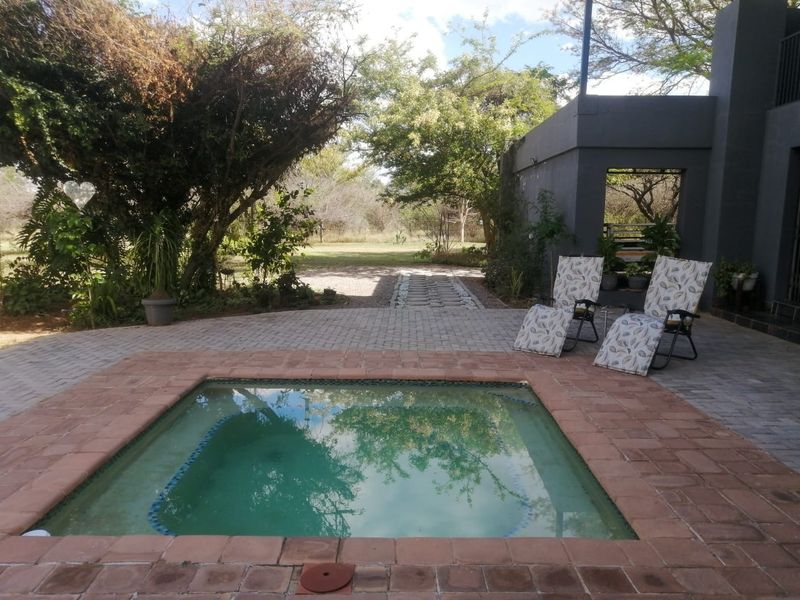 Outdoor entertainment area featuring a small plunge pool with brick coping and paved patio space, set within a natural garden environment.
