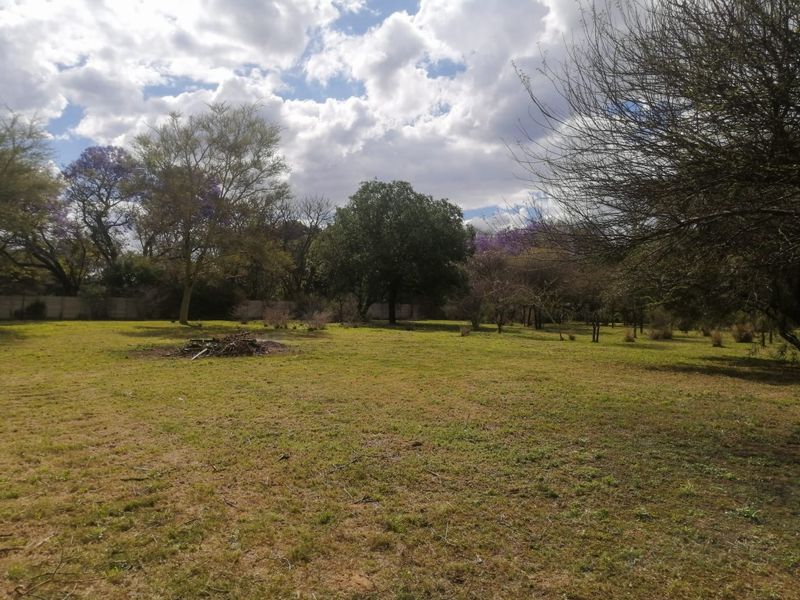 A spacious, open garden area on the small holding featuring mature trees and a perimeter boundary wall.