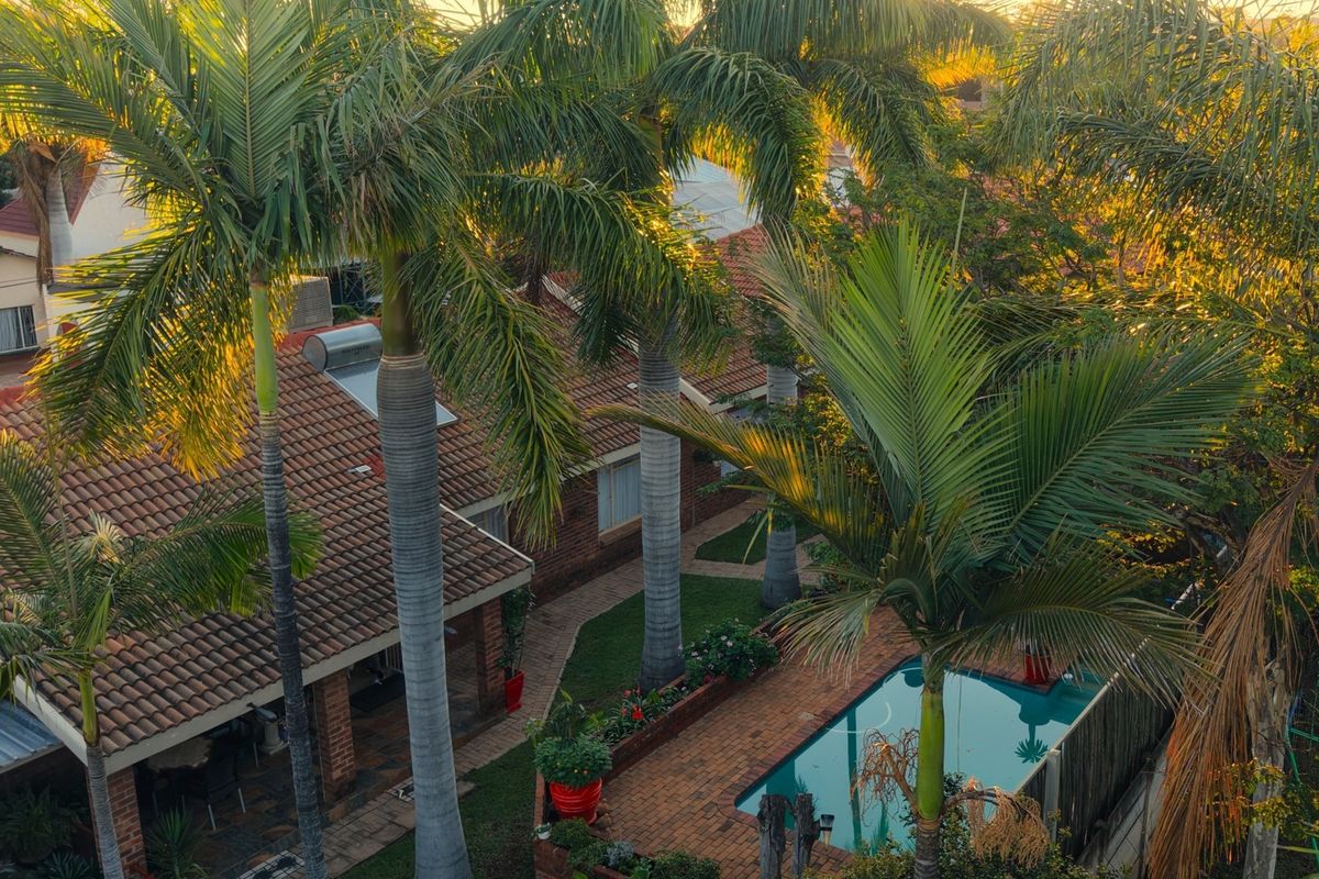 Aerial view of a residential property featuring a swimming pool, brick-paved patio area, and mature palm trees set within a landscaped garden.
