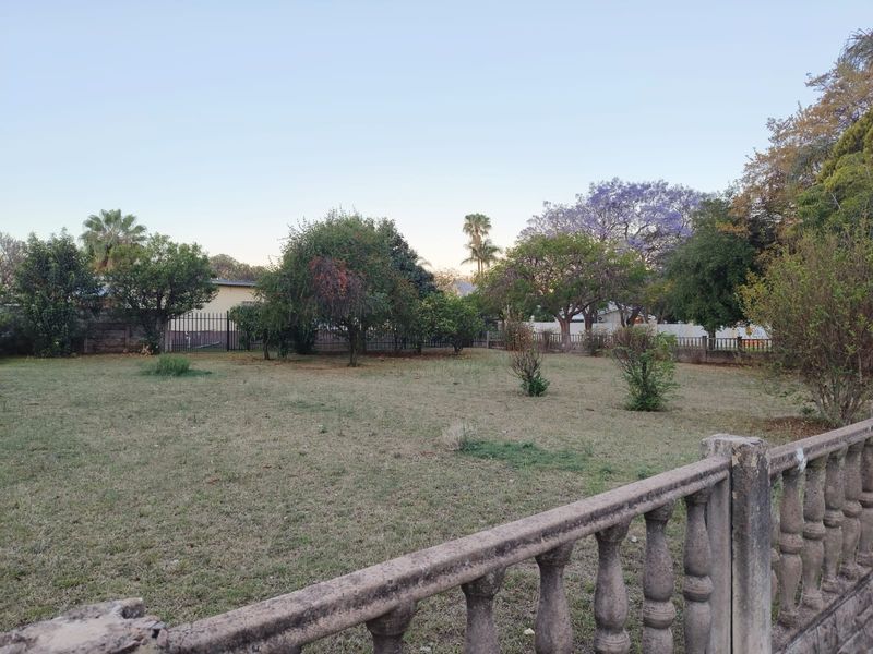 A spacious residential plot featuring established trees, a concrete balustrade boundary wall, and metal perimeter fencing.