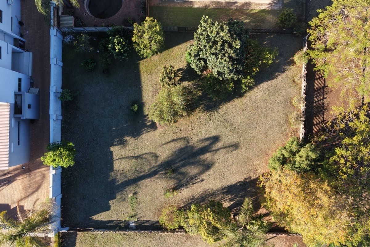 Aerial view of a residential vacant land plot featuring established trees and perimeter fencing.