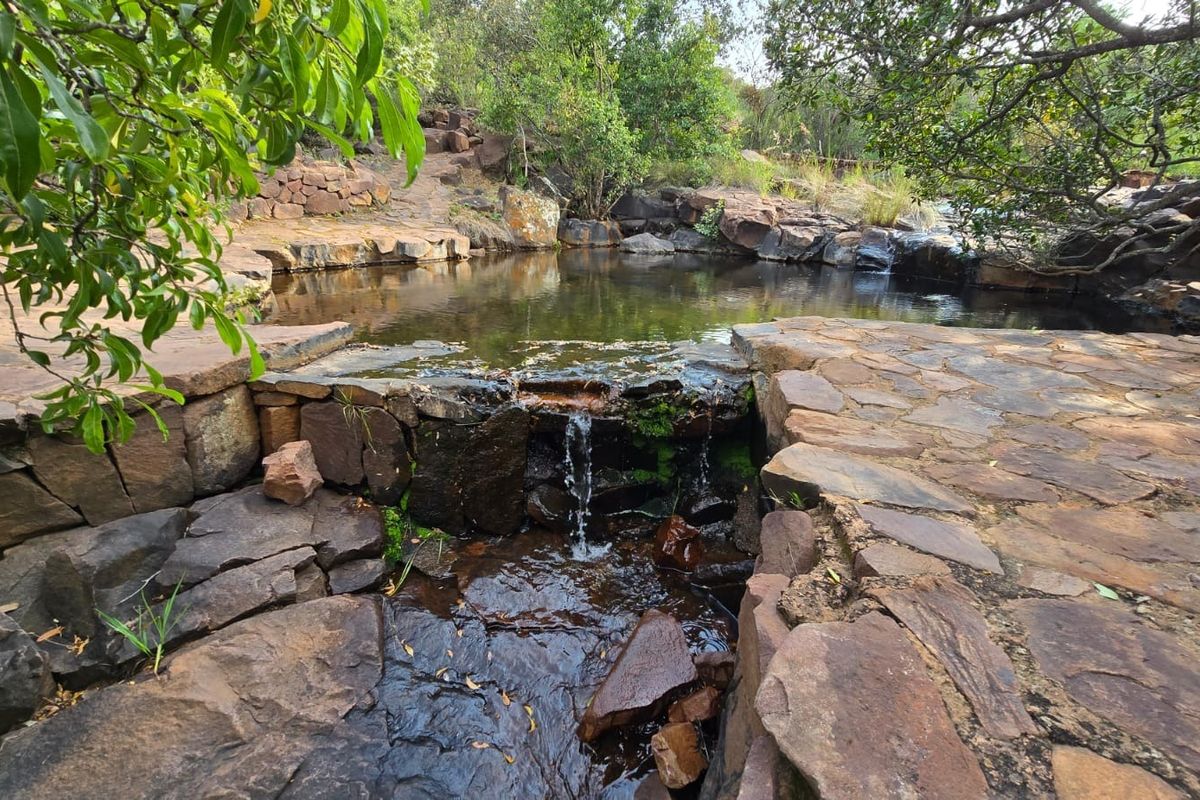 A scenic garden area featuring natural stone paving, a stone retaining wall, and a tranquil natural water feature integrated into the landscape.