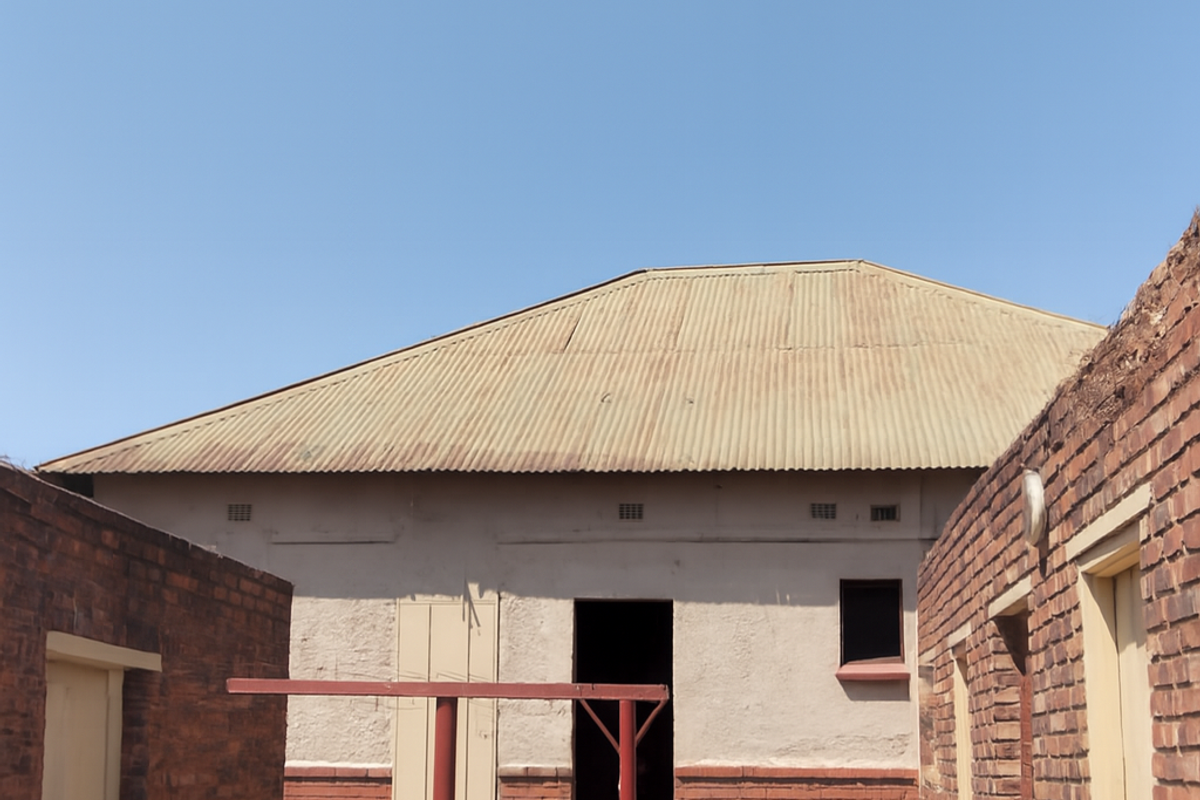 Rear courtyard area featuring brick outbuildings, a corrugated metal roof, and concrete steps leading to the main structure.