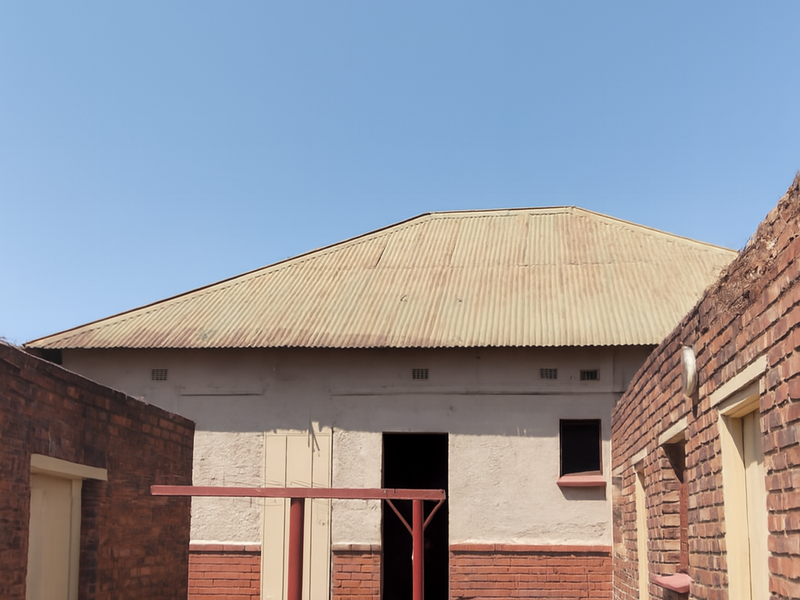 Rear courtyard area featuring brick outbuildings, a corrugated metal roof, and concrete steps leading to the main structure.