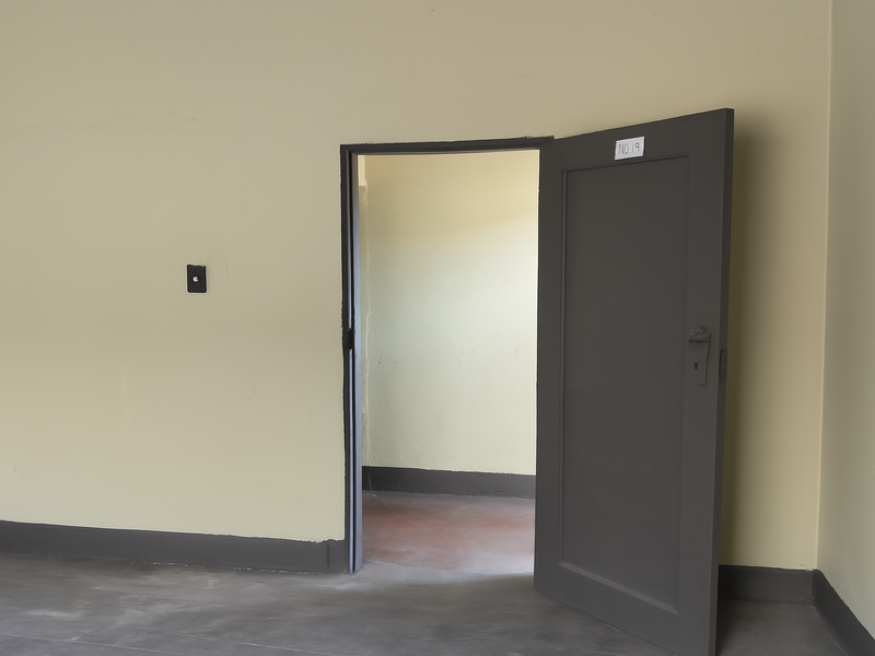 An empty interior space featuring painted walls, dark skirting boards, and a single internal door leading to an adjacent room.