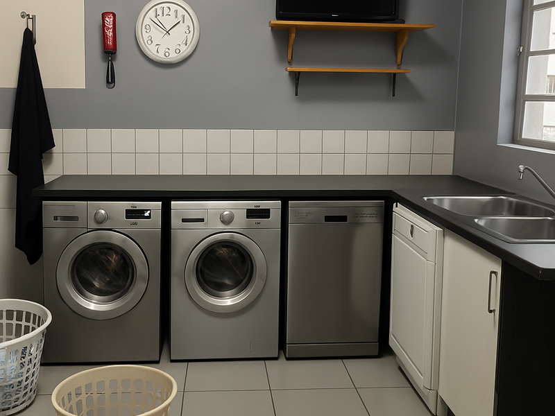 A functional laundry room featuring built-in cabinetry, a double basin sink, tiled splashback, and integrated appliance space with tiled flooring.