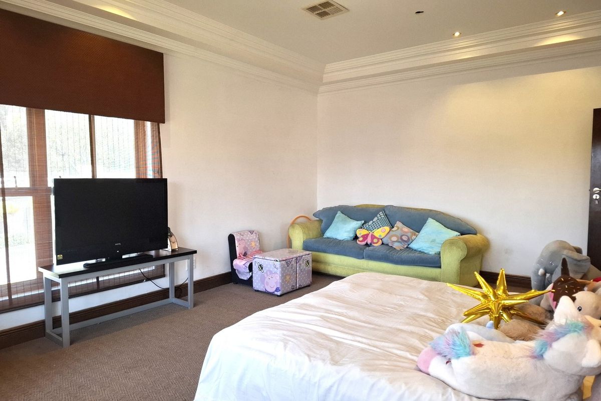 Spacious bedroom featuring neutral walls, carpeted flooring, recessed downlighting, and a decorative cove ceiling with large windows and fitted blinds.