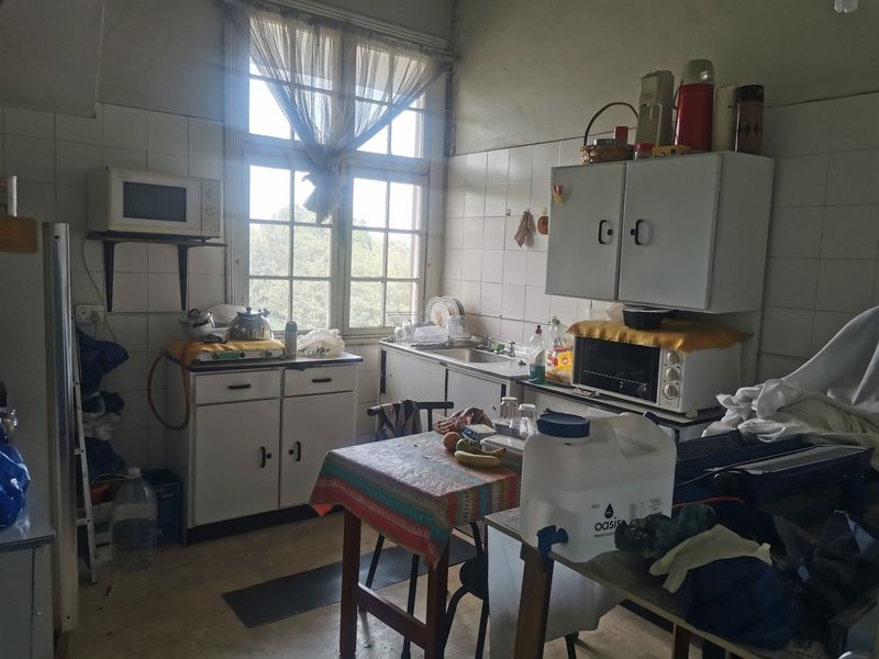 A dated kitchen featuring original cabinetry, tiled splashbacks, and a large window providing natural light, offering significant potential for modernization and renovation.