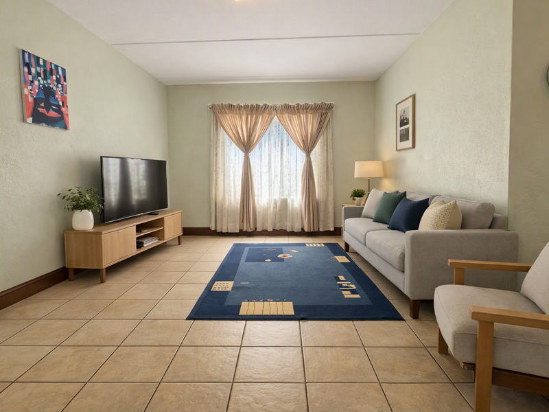 A well-lit living room featuring neutral wall tones, tiled flooring, and a large window with curtains, providing a comfortable and functional living space.