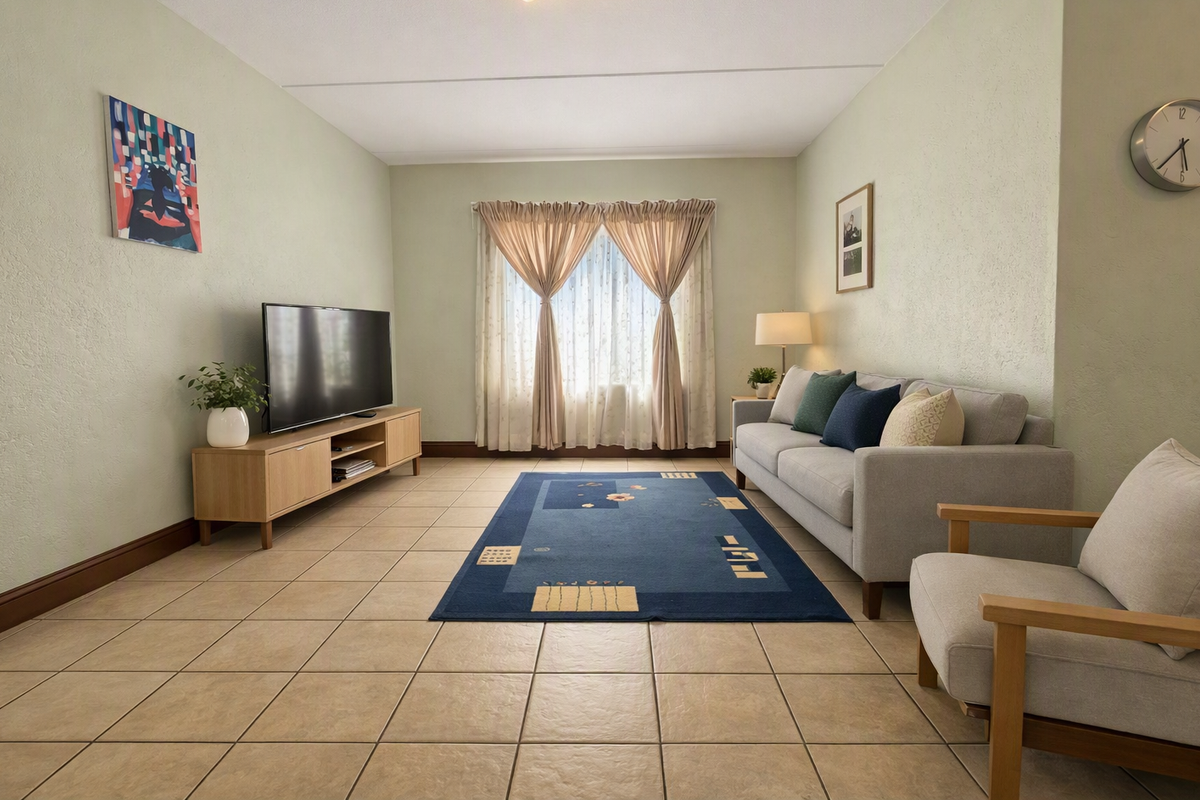 A well-lit living room featuring neutral wall tones, tiled flooring, and a large window with curtains, providing a comfortable and functional living space.