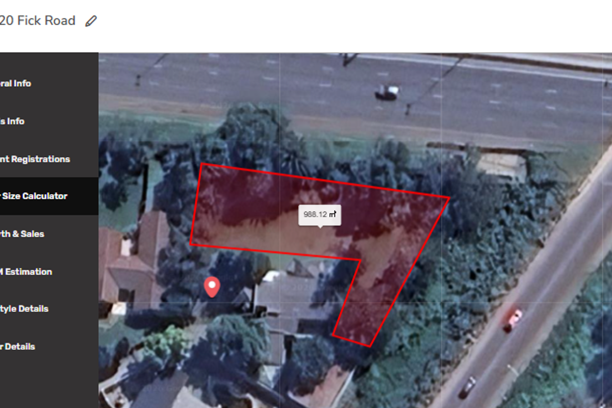 An aerial satellite view showing the property boundary and site layout for 20 Fick Road.