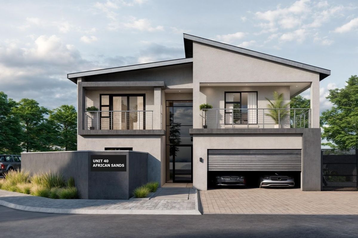 Modern double-story residential unit featuring a sleek facade, integrated double garage, and upper-level balcony with contemporary architectural finishes.