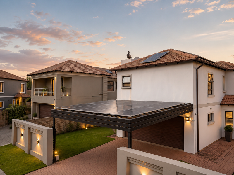 A modern cluster home exterior featuring a paved driveway, integrated carport with solar panels, and well-maintained boundary walls with ambient lighting.