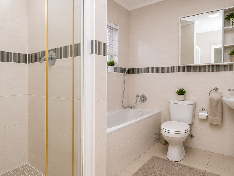 A well-maintained bathroom featuring a separate shower enclosure, built-in bathtub, pedestal sink, and wall-mounted storage cabinet with neutral tiling throughout.