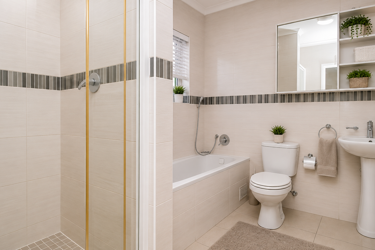 A well-maintained bathroom featuring a separate shower enclosure, built-in bathtub, pedestal sink, and wall-mounted storage cabinet with neutral tiling throughout.