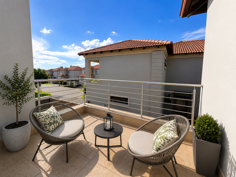 A well-maintained balcony featuring tiled flooring and a modern stainless steel balustrade, offering an elevated view of the surrounding residential estate.