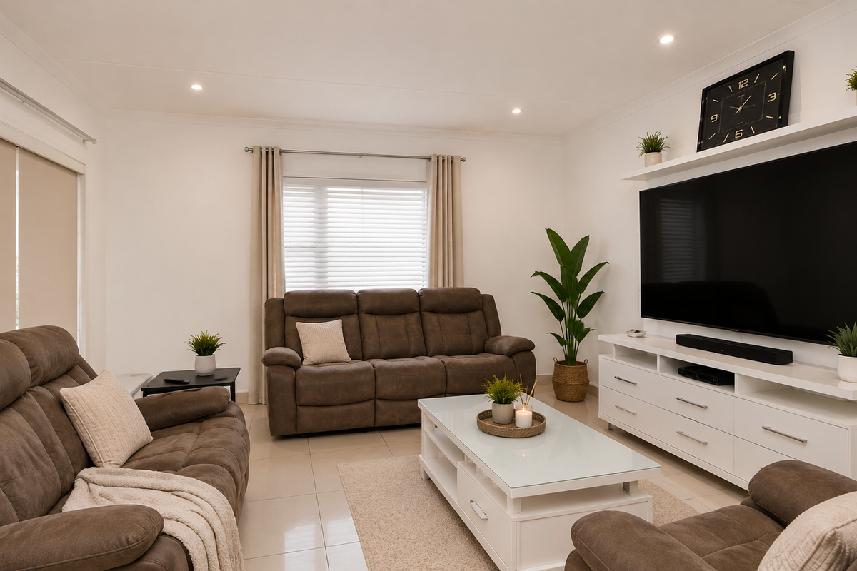 A well-maintained living room featuring neutral tiled flooring, recessed downlighting, and clean white walls, creating a bright and inviting atmosphere.