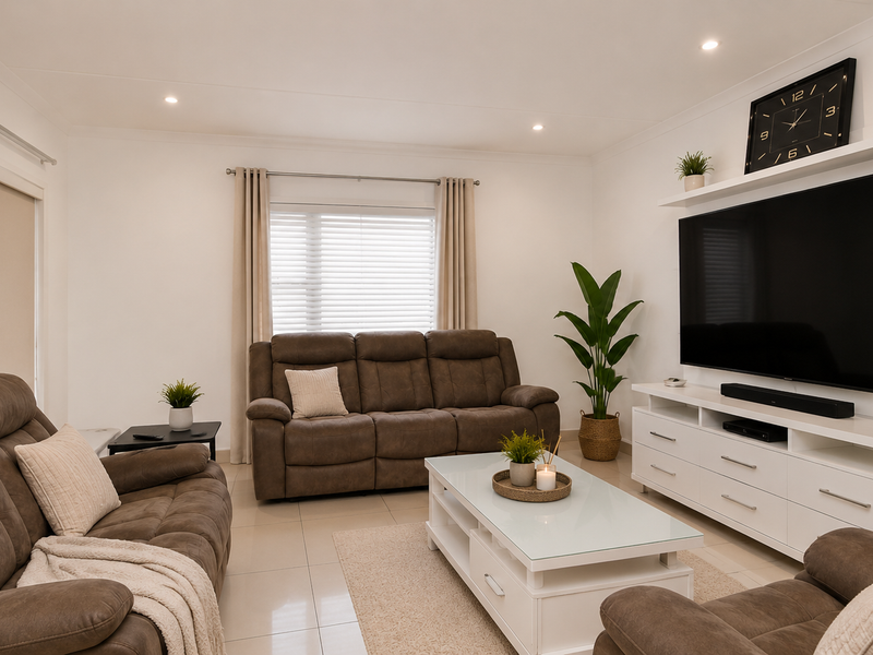 A well-maintained living room featuring neutral tiled flooring, recessed downlighting, and clean white walls, creating a bright and inviting atmosphere.