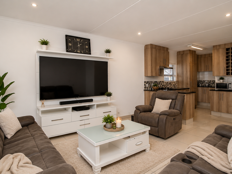 A modern open-plan living area featuring a well-appointed kitchen with wood-finish cabinetry, tiled floors, and recessed lighting, seamlessly flowing into the comfortable lounge space.