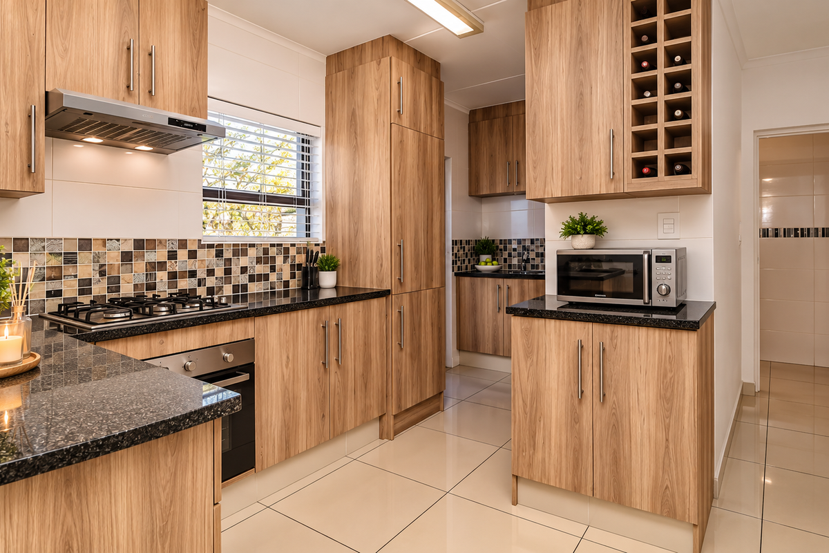 Modern kitchen featuring wood-finish cabinetry, granite countertops, a gas hob with extractor, and a built-in wine rack, complemented by tiled flooring and mosaic backsplash.