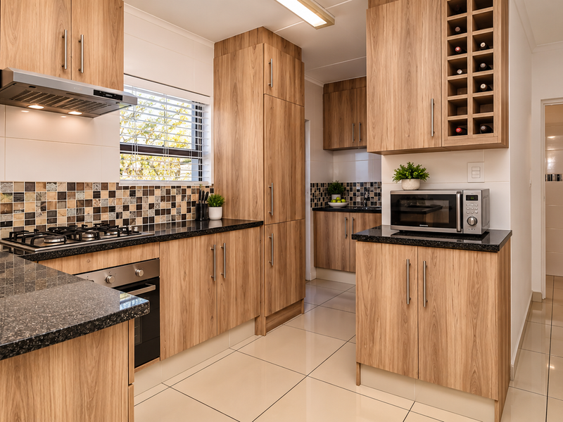 Modern kitchen featuring wood-finish cabinetry, granite countertops, a gas hob with extractor, and a built-in wine rack, complemented by tiled flooring and mosaic backsplash.