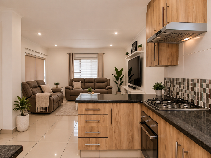 Modern open-plan living area featuring a well-appointed kitchen with granite countertops, gas hob, and integrated cabinetry flowing into a comfortable lounge space.