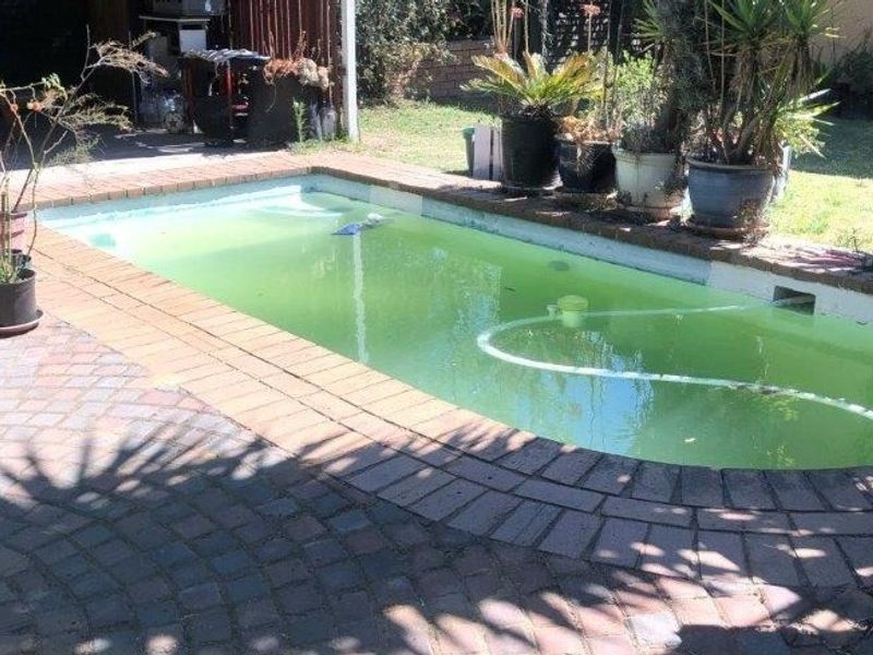 Outdoor swimming pool area featuring brick paving surround, currently requiring maintenance and water treatment.