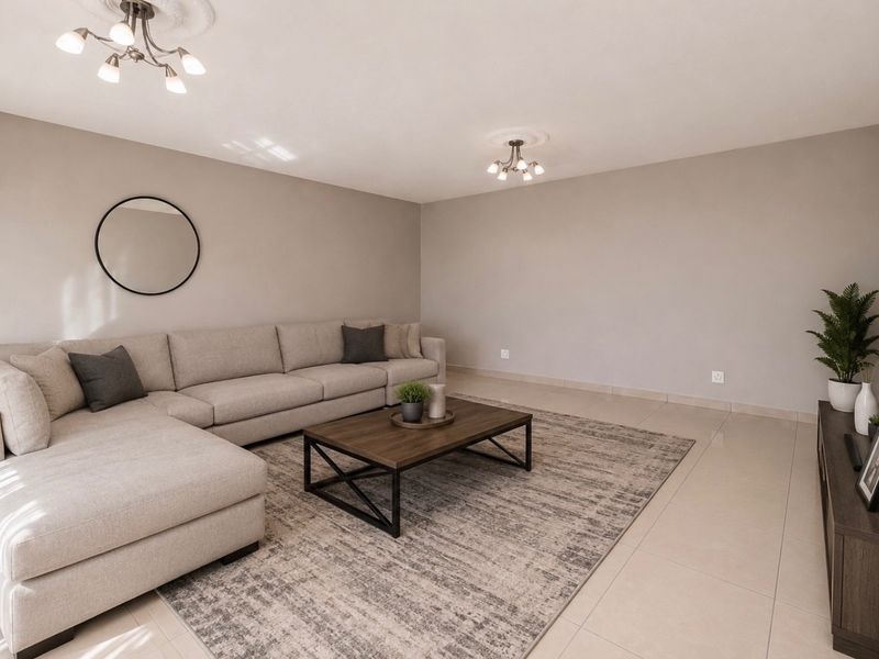 A well-maintained living room featuring neutral tiled flooring, ceiling roses, and modern lighting fixtures, creating a bright and inviting atmosphere.