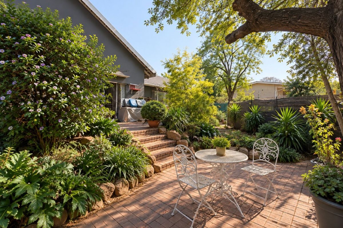 A well-maintained rear garden featuring a brick-paved patio area, tiered brick steps, and established landscaping with mature trees and shrubs.