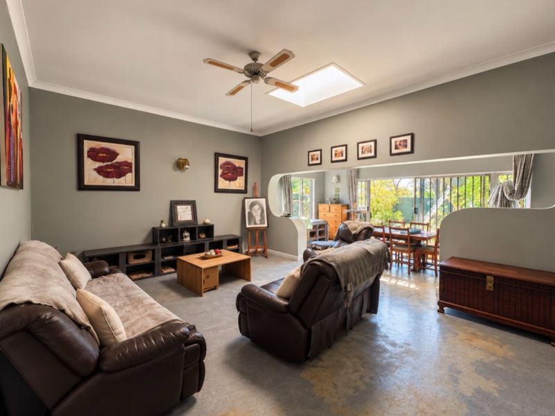 Spacious living room featuring a skylight, ceiling fan, and a unique decorative wall cutout leading to an adjacent dining area with garden access.