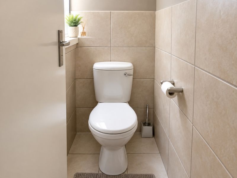 A compact, well-maintained bathroom featuring neutral ceramic wall and floor tiling and a standard white toilet suite.