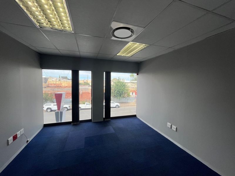 A clean, empty office space featuring blue carpet tiles, a suspended ceiling with recessed lighting, and large windows providing natural light.