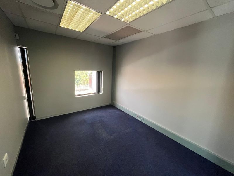 A vacant office space featuring blue carpeting, neutral walls, and a suspended ceiling with integrated lighting.