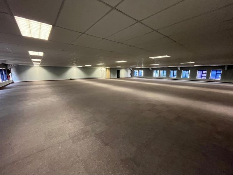 A large, open-plan office space featuring a suspended ceiling with recessed lighting, carpeted flooring, and multiple windows providing natural light.