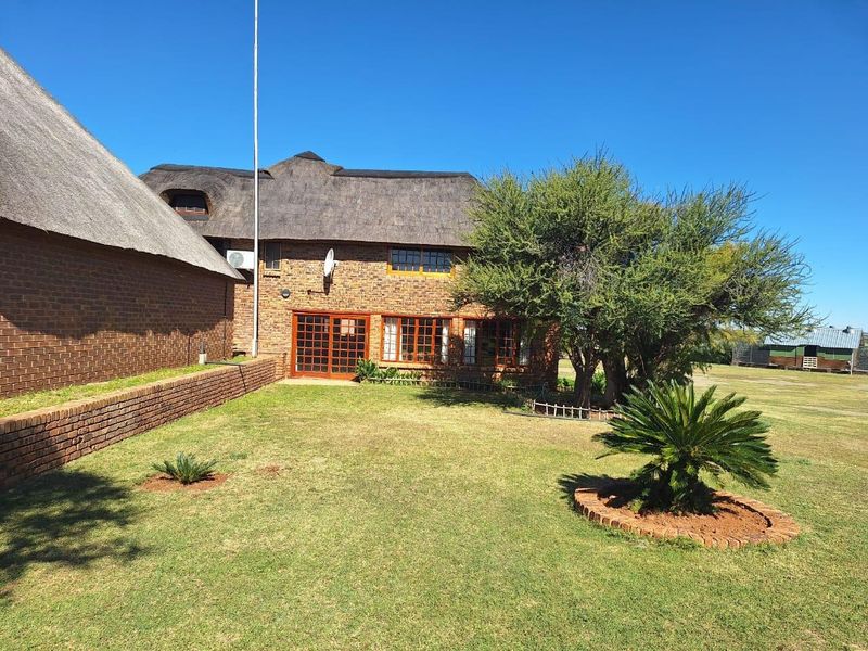 Rear view of a traditional face brick farmhouse featuring a classic thatch roof, timber-framed windows, and a well-maintained garden area.
