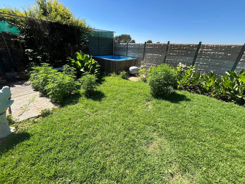 A private rear garden featuring a lawn, established perimeter landscaping, and a built-in spa pool enclosed by a precast concrete boundary wall.