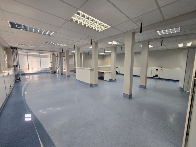 Spacious open-plan commercial office area featuring suspended ceilings, recessed lighting, durable vinyl flooring, and built-in reception and storage cabinetry.