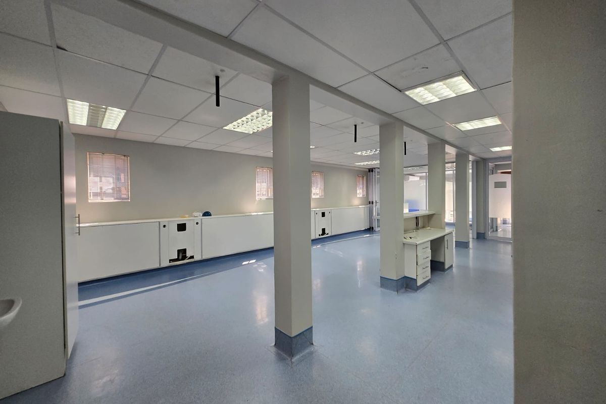 Spacious open-plan commercial office area featuring durable vinyl flooring, suspended ceilings with recessed lighting, and integrated built-in cabinetry throughout.