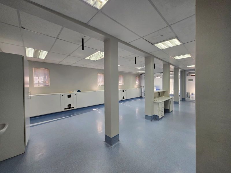 Spacious open-plan commercial office area featuring durable vinyl flooring, suspended ceilings with recessed lighting, and integrated built-in cabinetry throughout.