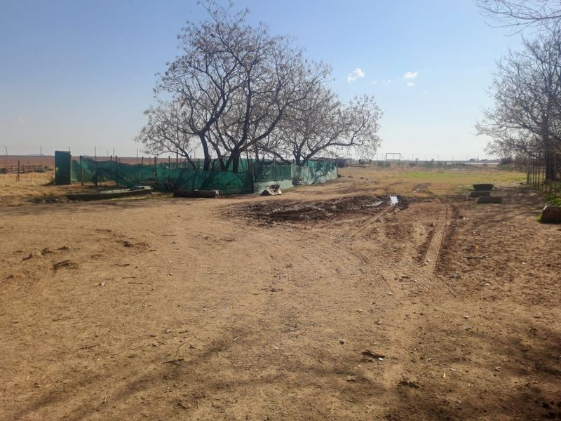 An expansive, unpaved outdoor farm area featuring wire fencing and shade netting, set against a backdrop of mature trees.