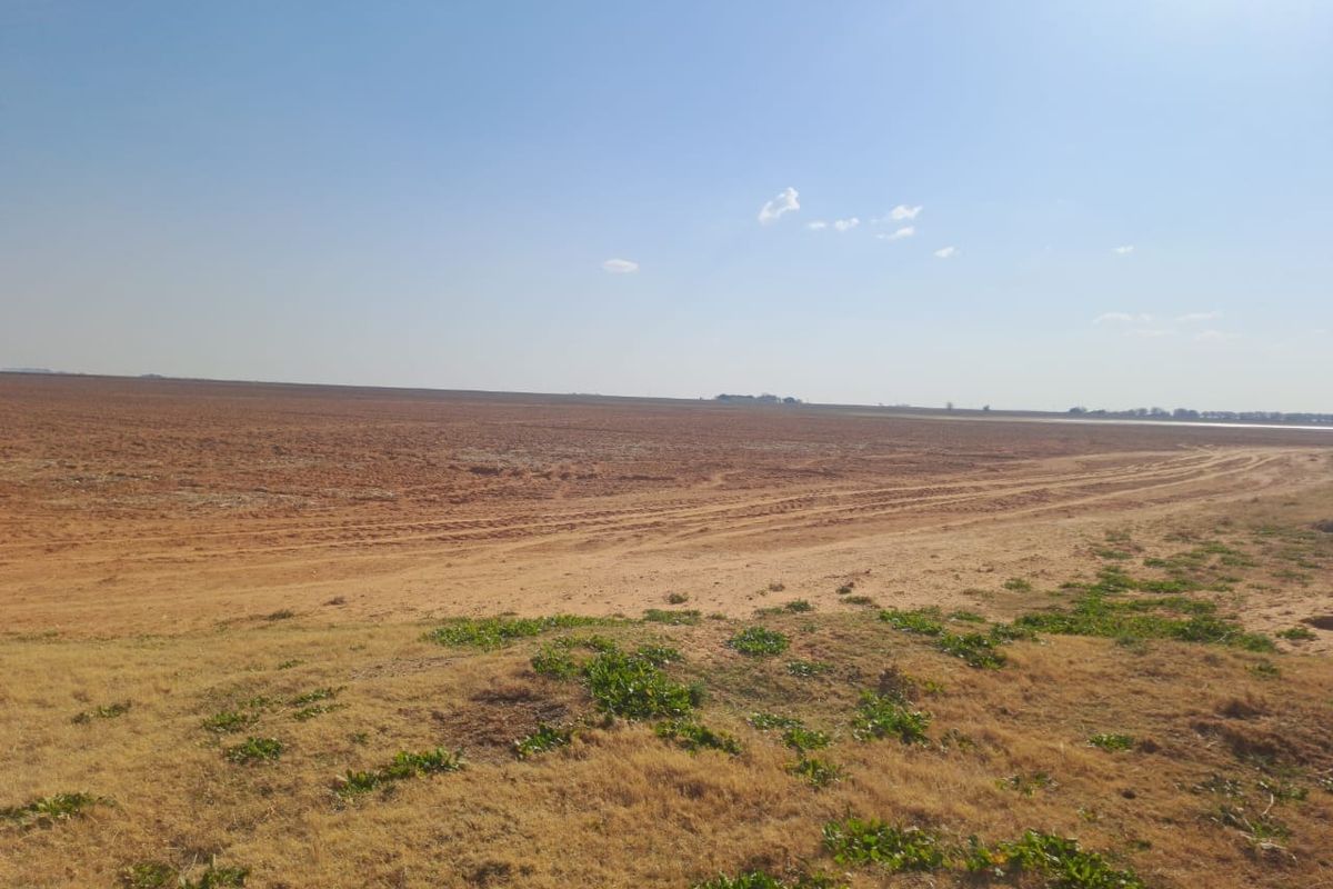 A wide-angle view of expansive, open farmland with dry soil and natural vegetation under a clear blue sky.