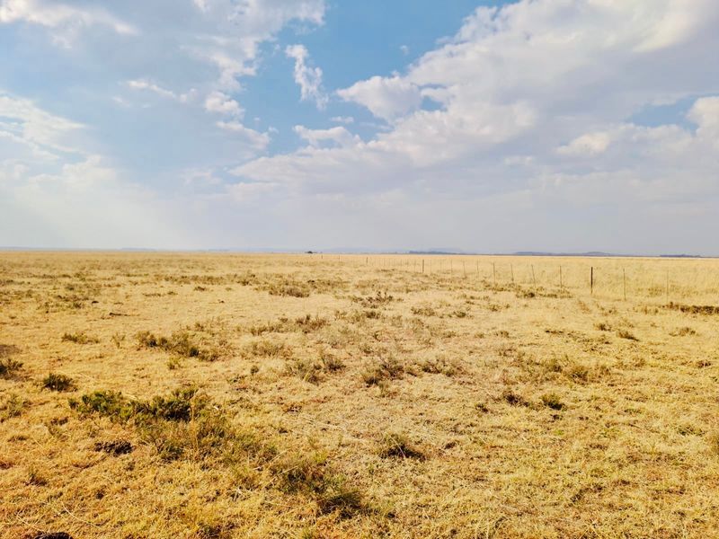 Expansive open farm land featuring dry grassland and a perimeter wire fence under a clear blue sky.