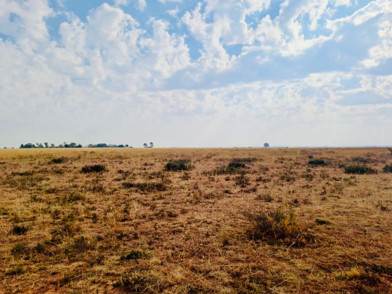 A wide-angle view of the expansive, open farm landscape under a bright, cloudy sky.