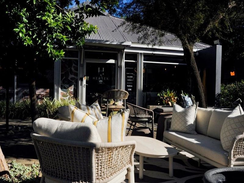 A pleasant outdoor patio area featuring paved flooring and a modern glass storefront entrance, shaded by mature trees.