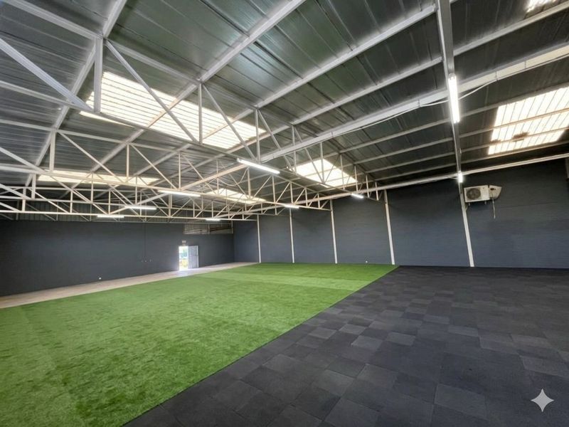 Spacious commercial sports facility featuring high exposed steel roof trusses, integrated skylights, and a combination of artificial turf and rubber flooring.