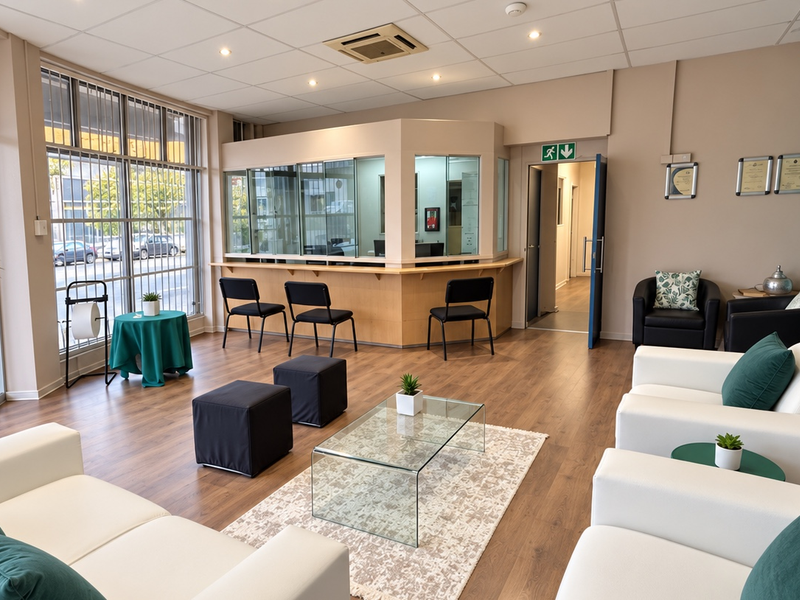 A professional business reception area featuring a built-in service counter, glass partitions, modern laminate flooring, and recessed ceiling lighting.