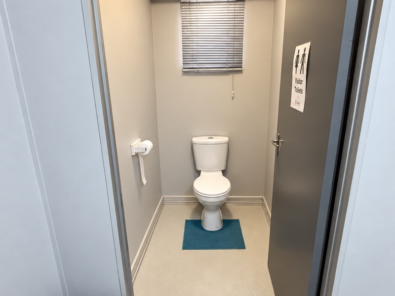 A clean and functional visitor restroom featuring a standard toilet, neutral wall finishes, and a window with a venetian blind.